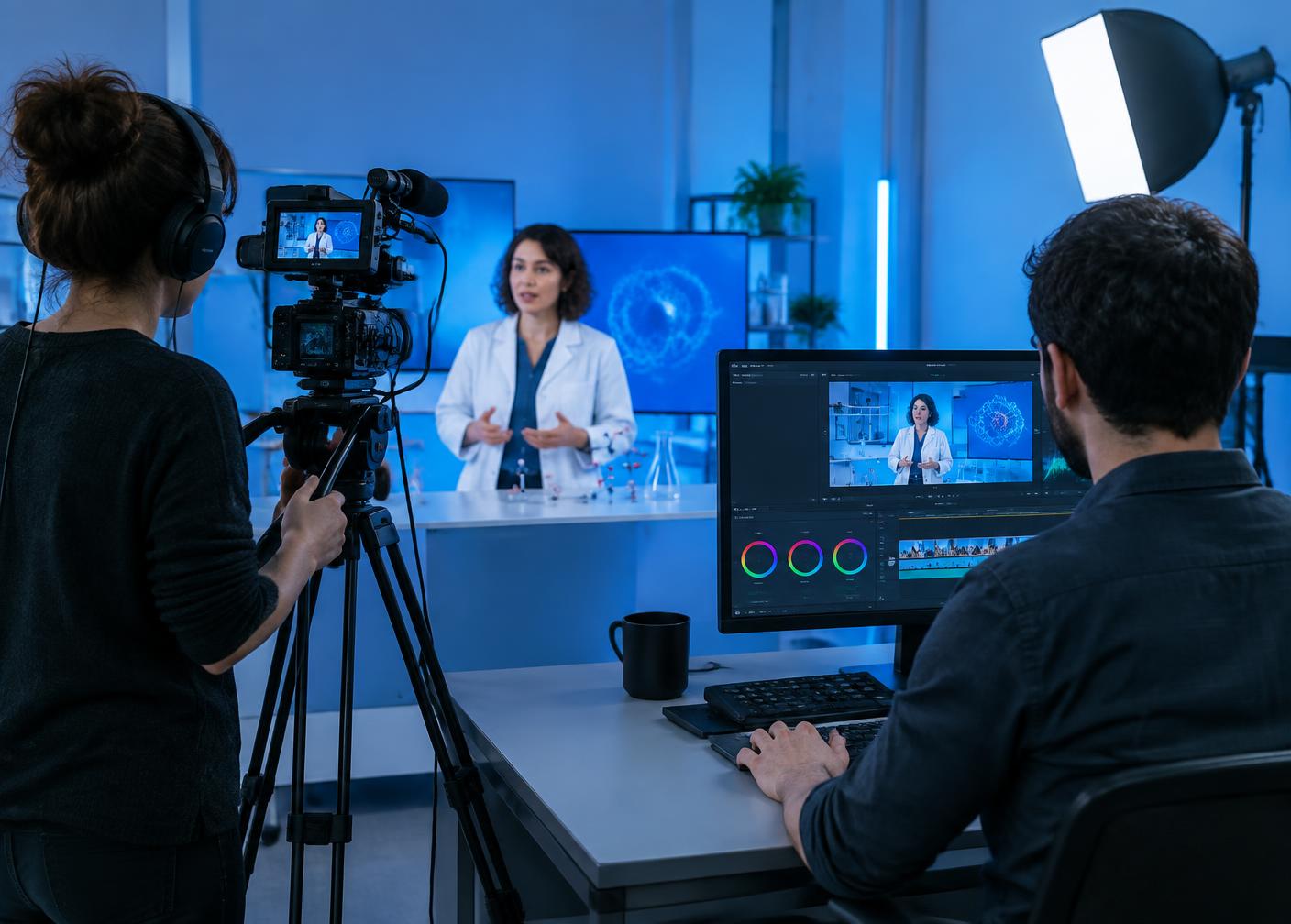 Equipo audiovisual grabando a una investigadora para un contenido divulgativo