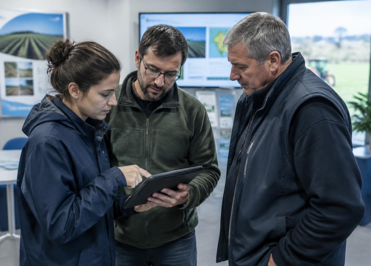 Técnicos consultando recursos digitales de conocimiento agrario en un centro tecnológico