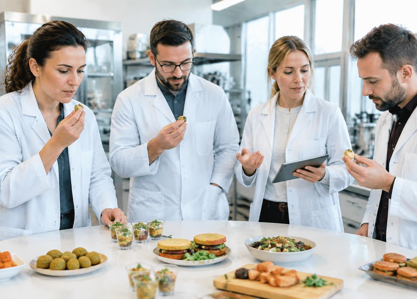 Equipo técnico evaluando prototipos de nuevos alimentos en una sala de innovación