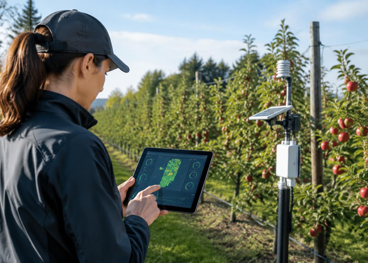 Agrónoma consultando datos de sensores digitales en una plantación frutal